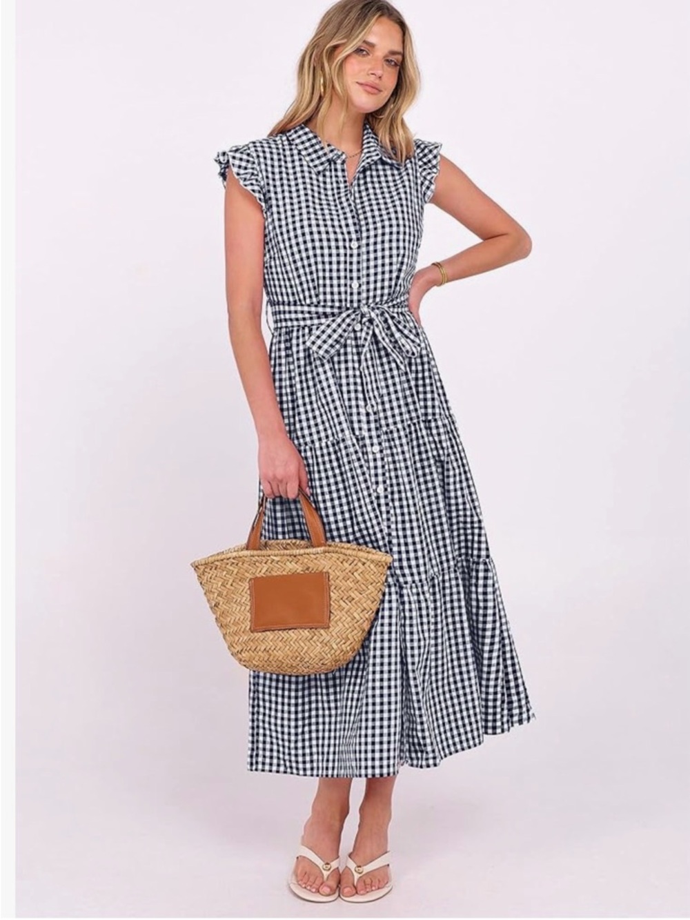 Button-Front Gingham Maxi Dress with Tie Waist - Navy/White